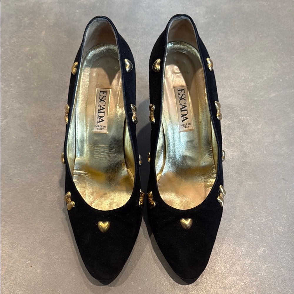 Vintage Escada Black and Gold Heels with Gold Detailing